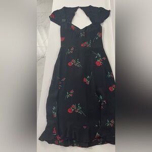 Reformation Elegant Black Dress with Red Floral Pattern